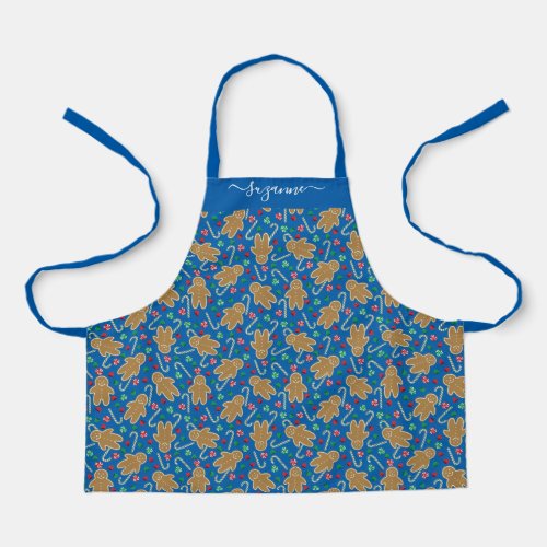 Gingerbread Man Peppermint Candy on Blue Pattern Apron