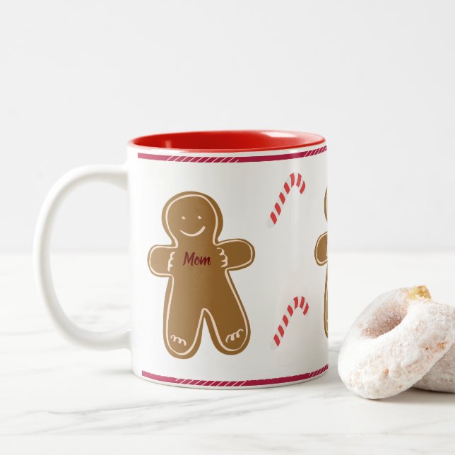 Gingerbread Man Personalize Name Family Holiday Two-Tone Coffee Mug (With Donut)