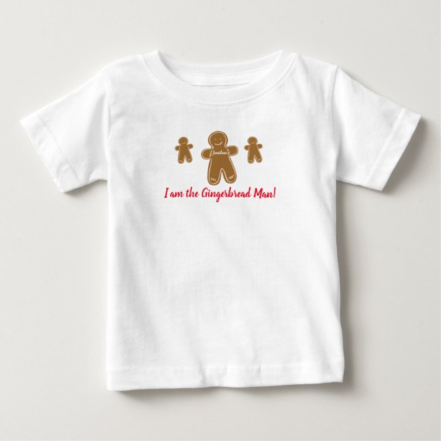 Gingerbread Man Personalized Name Holiday Festive Baby T-Shirt (Front)