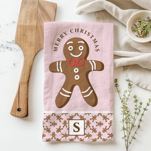 Gingerbread Man Pink Monogram Merry Christmas Kitchen Towel