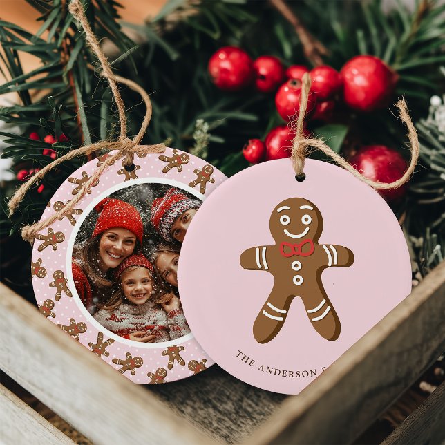 Gingerbread Man Pink Polka Dot Christmas Photo Ceramic Ornament (Creator Uploaded)