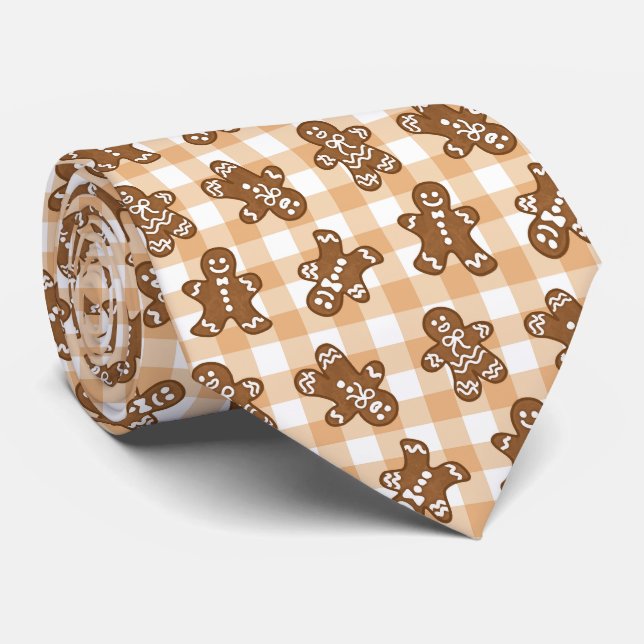 Gingerbread Man Plaid Pattern Holiday Neck Tie (Rolled)