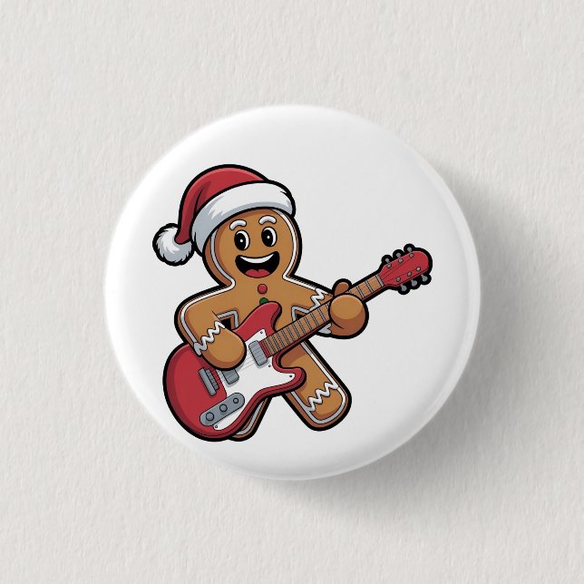 Gingerbread Man Play Guitar Electric Christmas  Button (Front)