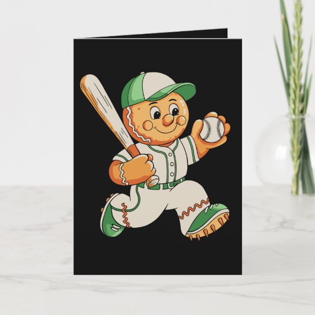 Gingerbread Man Playing Baseball Christmas Xmas Holiday Card (Front)