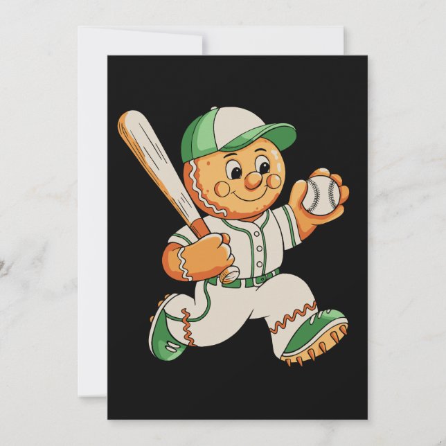 Gingerbread Man Playing Baseball Christmas Xmas Holiday Card (Front)