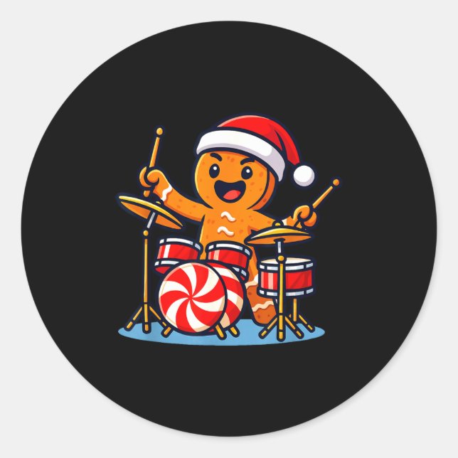 Gingerbread Man Playing Drums  Classic Round Sticker (Front)