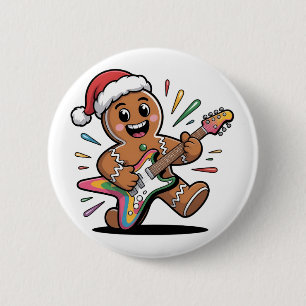 Gingerbread Man Playing Guitar Electric Santa Button