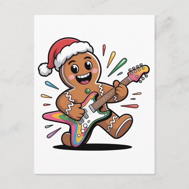 Gingerbread Man Playing Guitar Electric Santa  Invitation Postcard (Front)