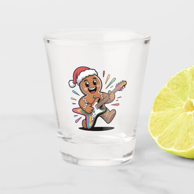 Gingerbread Man Playing Guitar Electric Santa  Shot Glass (Front)