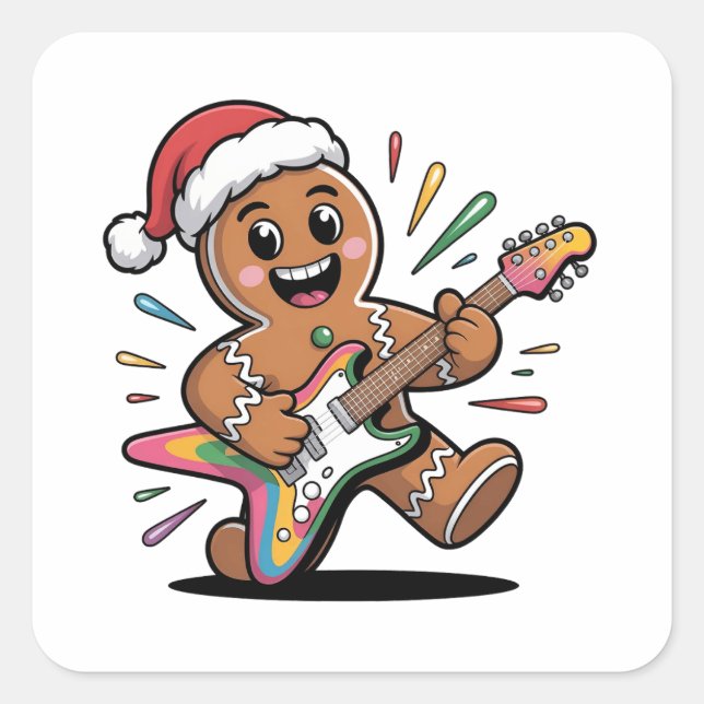 Gingerbread Man Playing Guitar Electric Santa  Square Sticker (Front)