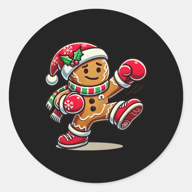 Gingerbread Man Playing Thai Boxing Christmas Xmas Classic Round Sticker (Front)