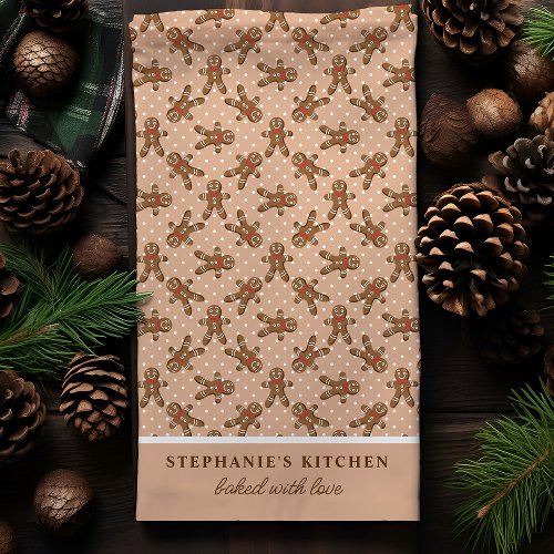 Gingerbread Man Polka Dot Brown Custom Christmas Kitchen Towel