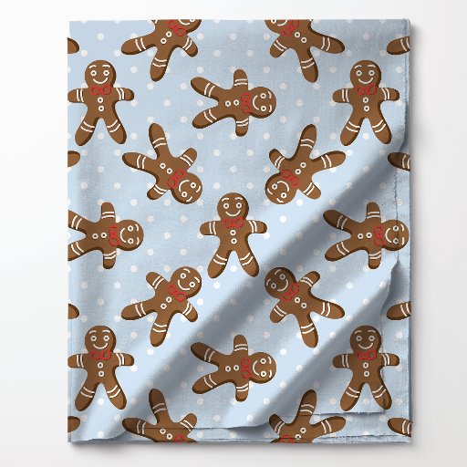 Gingerbread Man Polka Dot On Blue Christmas  Fabric