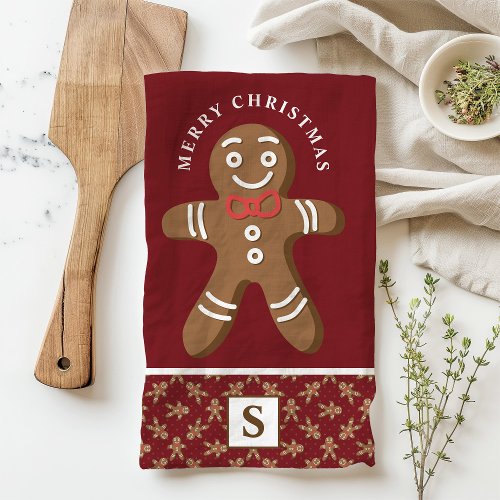 Gingerbread Man Red Monogram Merry Christmas Kitchen Towel