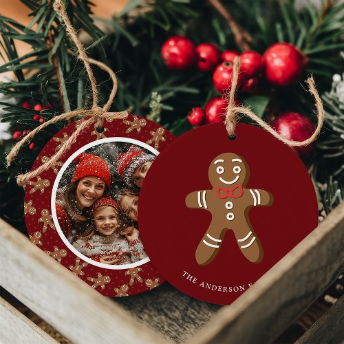 Gingerbread Man Red Polka Dot Christmas Photo Ceramic Ornament