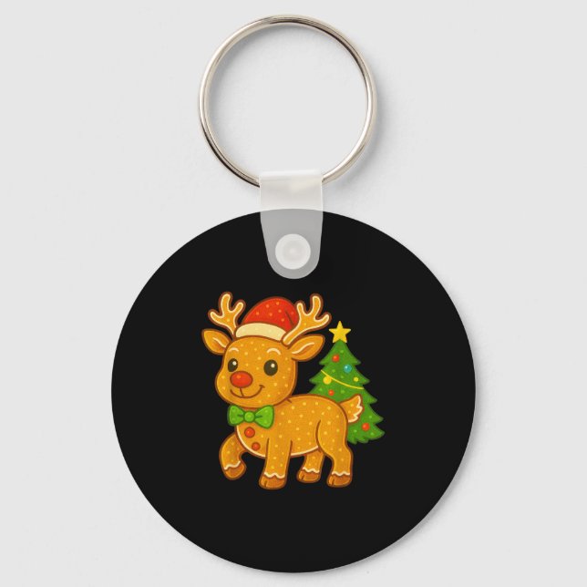 Gingerbread Man Reindeer Santa Hat Christmas Tree  Keychain (Front)