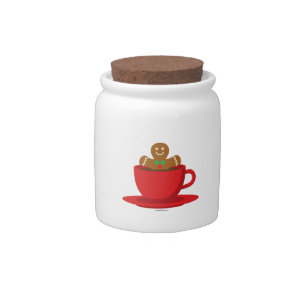 Gingerbread Man Relaxing In Hot Chocolate Red Cup Candy Jar