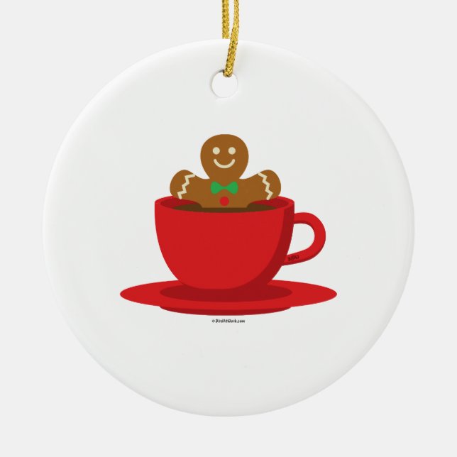Gingerbread Man Relaxing In Hot Chocolate Red Cup Ceramic Ornament (Front)