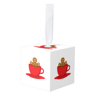 Gingerbread Man Relaxing In Hot Chocolate Red Cup Cube Ornament