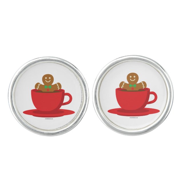 Gingerbread Man Relaxing In Hot Chocolate Red Cup Cufflinks (Front)
