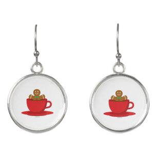 Gingerbread Man Relaxing In Hot Chocolate Red Cup Earrings
