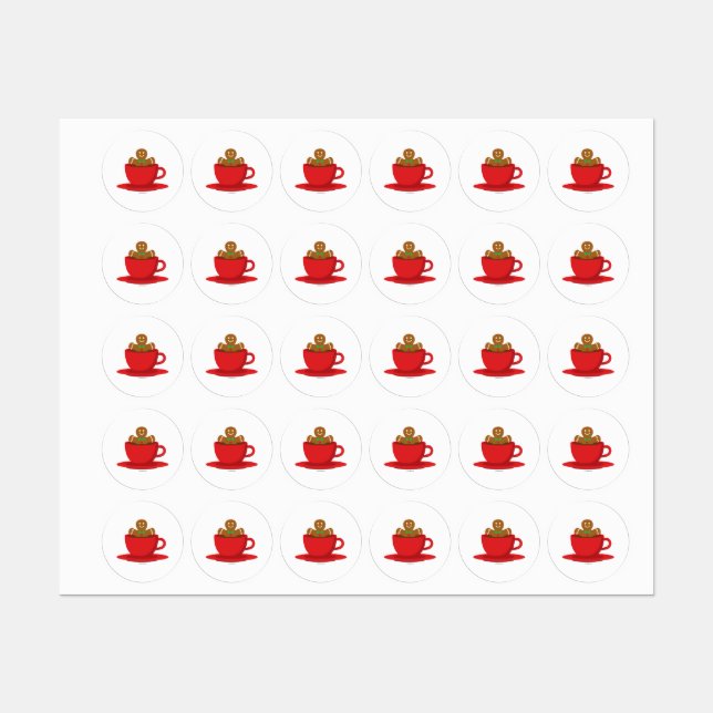 Gingerbread Man Relaxing In Hot Chocolate Red Cup Labels (Sheet)