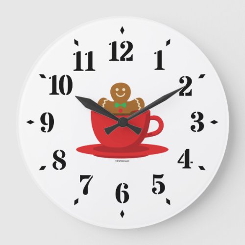Gingerbread Man Relaxing In Hot Chocolate Red Cup Large Clock