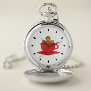 Gingerbread Man Relaxing In Hot Chocolate Red Cup Pocket Watch