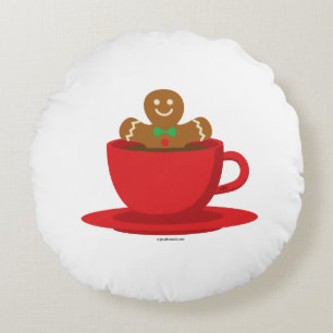 Gingerbread Man Relaxing In Hot Chocolate Red Cup Round Pillow