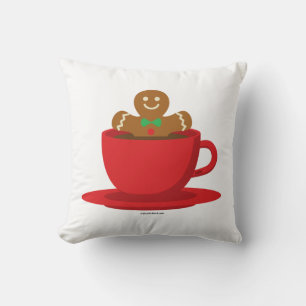 Gingerbread Man Relaxing In Hot Chocolate Red Cup Throw Pillow