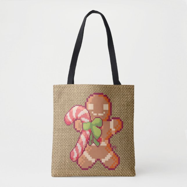 Gingerbread man, Santa, Christmas, Pixel Art Tote Bag (Front)
