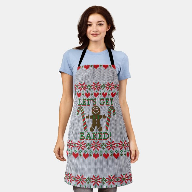 Gingerbread Man Says Ugly Christmas Sweater Style Apron (Worn)