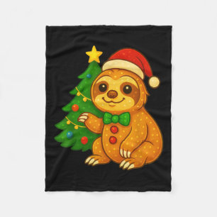 Gingerbread Man Sloth Santa Hat Christmas Tree Fleece Blanket