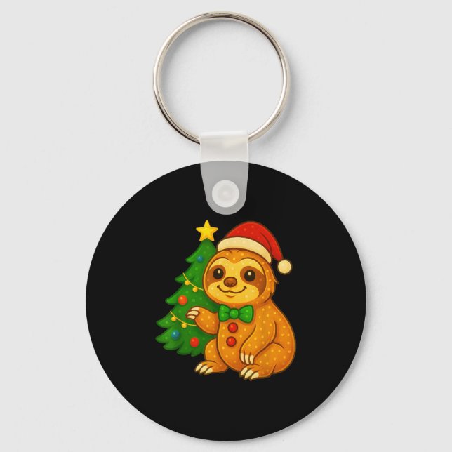 Gingerbread Man Sloth Santa Hat Christmas Tree  Keychain (Front)