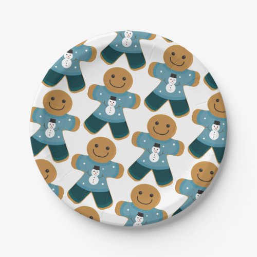 Gingerbread Man Snowman Blue Sweater Christmas Paper Plates