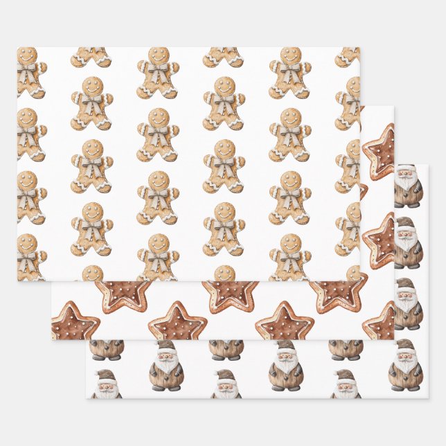 Gingerbread Man Star Santa Christmas Wrapping Paper Sheets (Set)