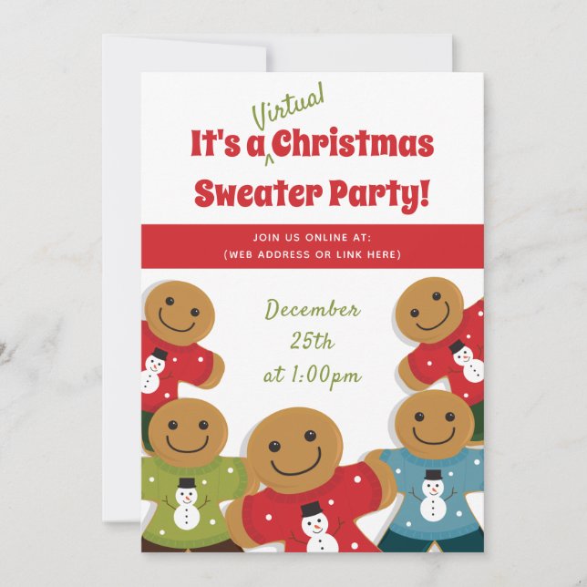 Gingerbread Man Sweater Red Virtual Christmas Invitation (Front)