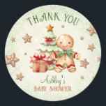 Gingerbread Man Traditional Christmas Baby Shower Classic Round Sticker<br><div class="desc">A little man is on the way! Christmas boy baby shower stickers,  favor labels,  with an adorable gingerbread man,  Christmas tree and gift in traditional Christmas colors. Easily personalize the text. - Kate Eden Art</div>