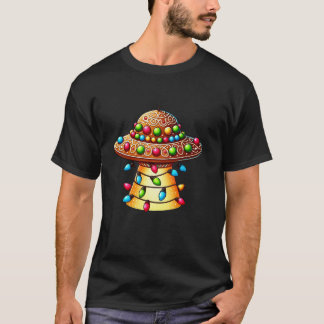 Gingerbread Man UFO Alien Christmas Lights Womens T-Shirt