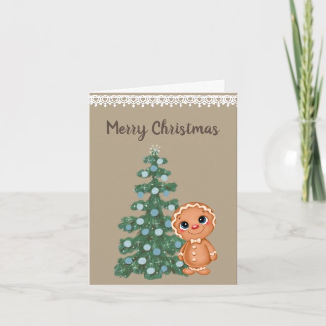 Gingerbread Man with Blue and Green Tree   Card (Front)