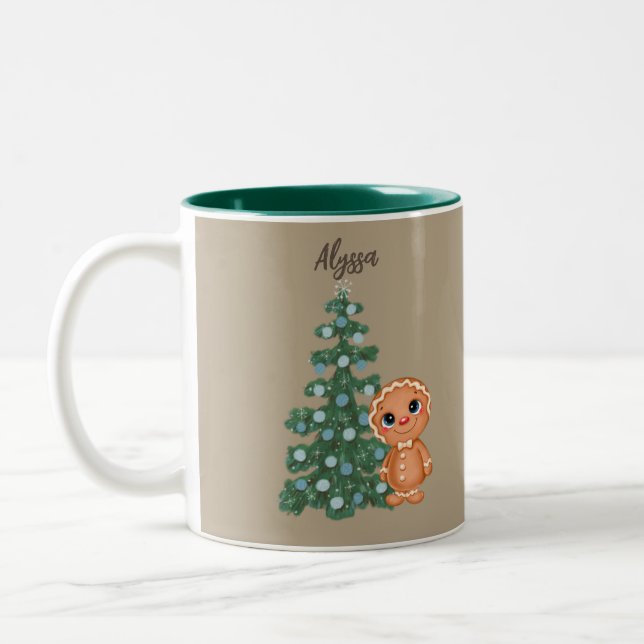 Gingerbread Man With Blue and Green Tree Two-Tone Coffee Mug (Left)