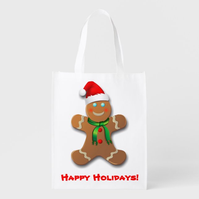 Gingerbread Man With Christmas Hat Reusable Grocery Bag (Front)