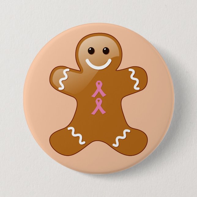 Gingerbread Man with Pink Awareness Ribbons Button (Front)