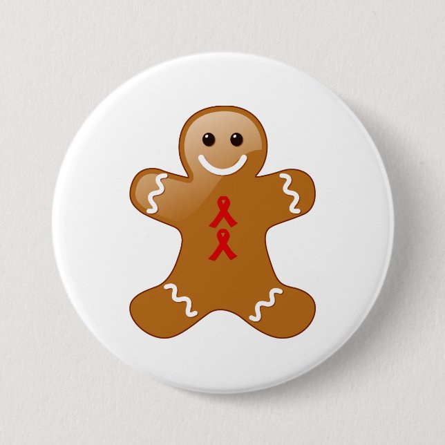 Gingerbread Man with Red Awareness Ribbons Pinback Button (Front)