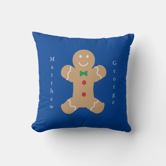 Gingerbread Man with Vertical Custom Name Throw Pillow (Front)