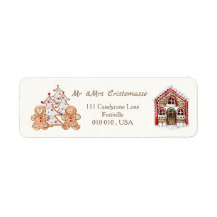 Gingerbread man, woman, candy cane house Christmas Label