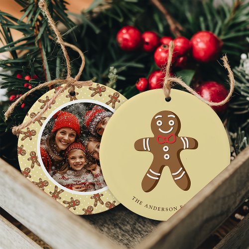 Gingerbread Man Yellow Polka Dot Christmas Photo Ceramic Ornament