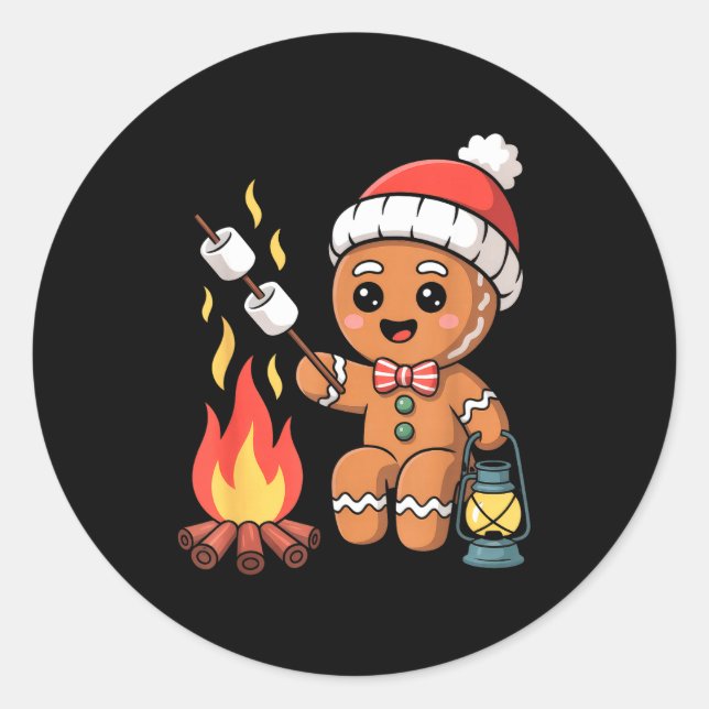 Gingerbread Marshmallow Roaster Camng Christmas  Classic Round Sticker (Front)