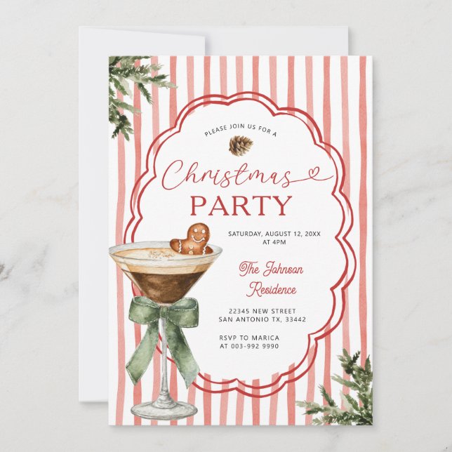 Gingerbread martini Stripe & Holiday Christmas  Invitation (Front)