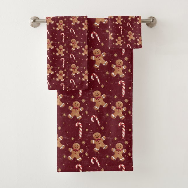 Gingerbread Men and Candy Cane Christmas Pattern Bath Towel Set (Insitu)